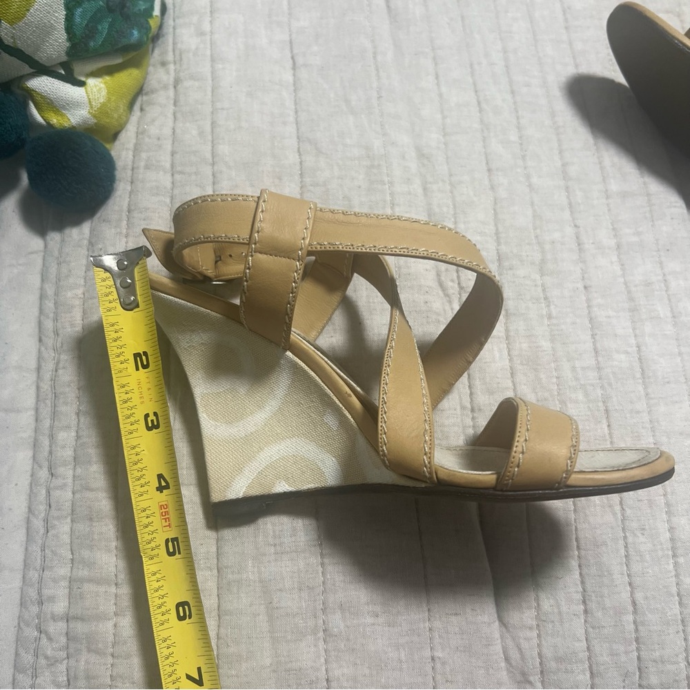 Manolo Blahnik High Heel Wedges Strappy Sandal Tan White Swirl Yald Bulgaro sz 8 - Picture 8 of 12